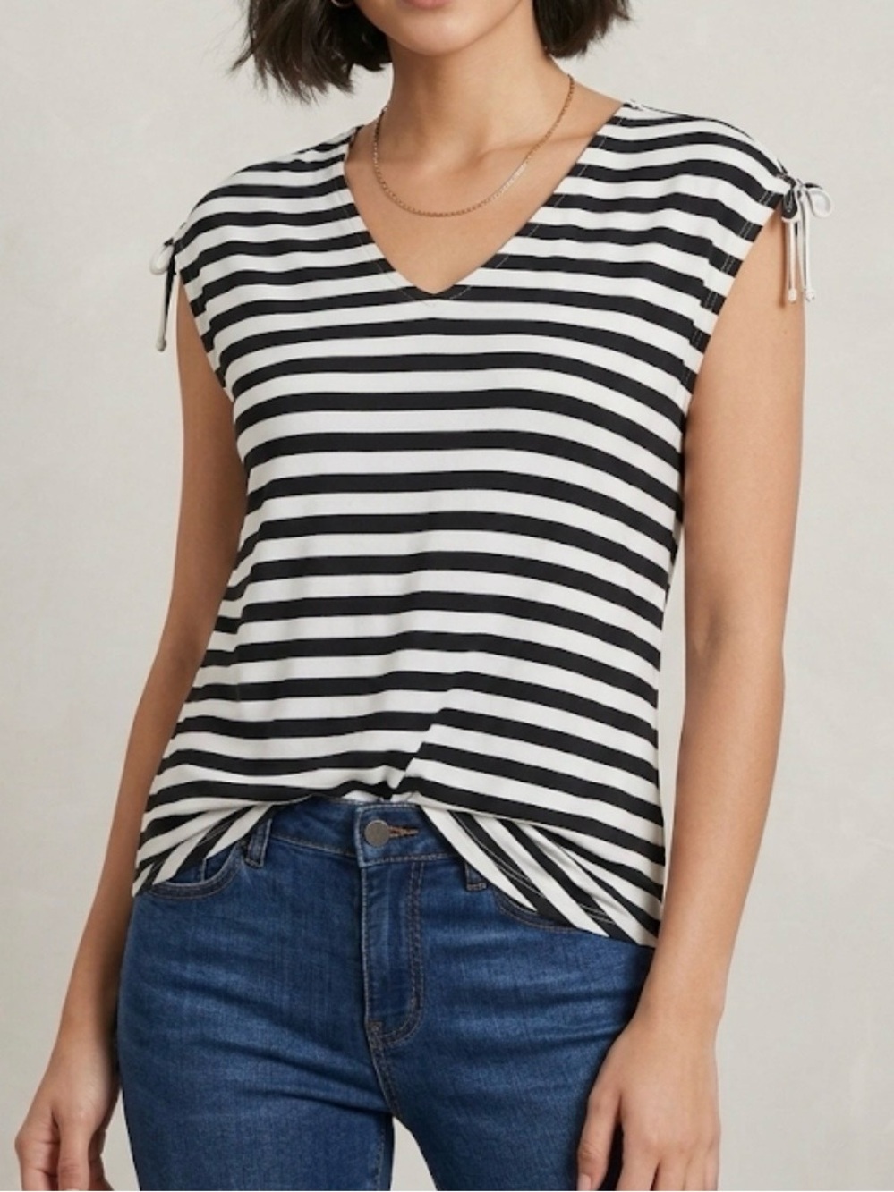 Ricki’s Striped V-Neck Shoulder Tie Top Business Casual Black White Medium